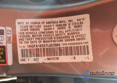 2007 Honda Civic Lx from USA, damaged, VIN 1HGFA16557L083984